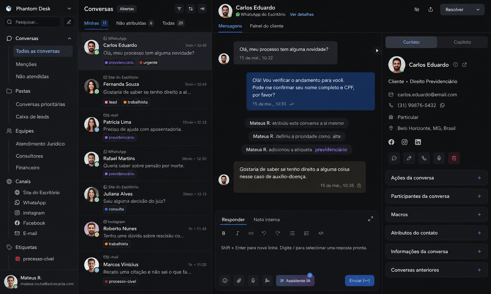 Interface real do sistema de atendimento da Phantom Labs